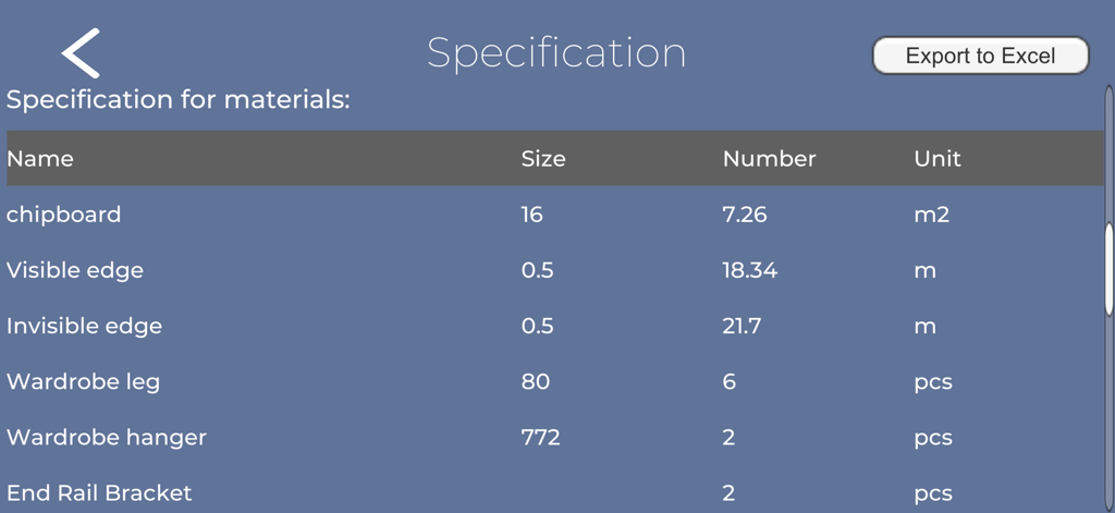Material specification table in Wardrobe Designer app showing quantities for chipboard and hardware