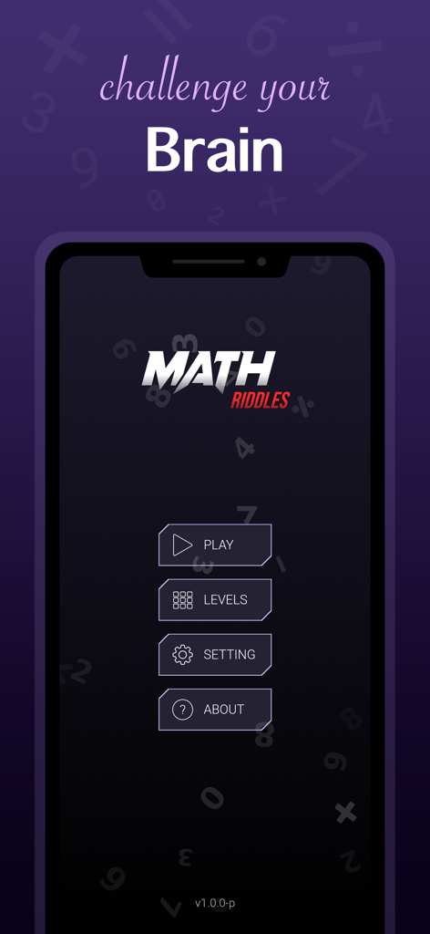Math: Riddles and Puzzles - The home screen of the Math Riddles and Puzzles app featuring menu options like play and levels.
