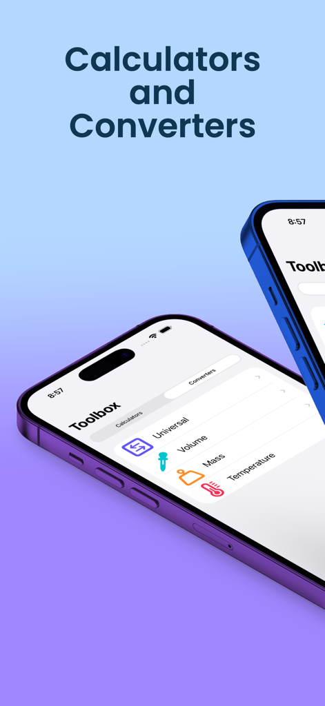 Bake-u-lator - Bake-u-latorアプリのインターフェース。体積、質量、温度の単位変換ツールが表示されています。