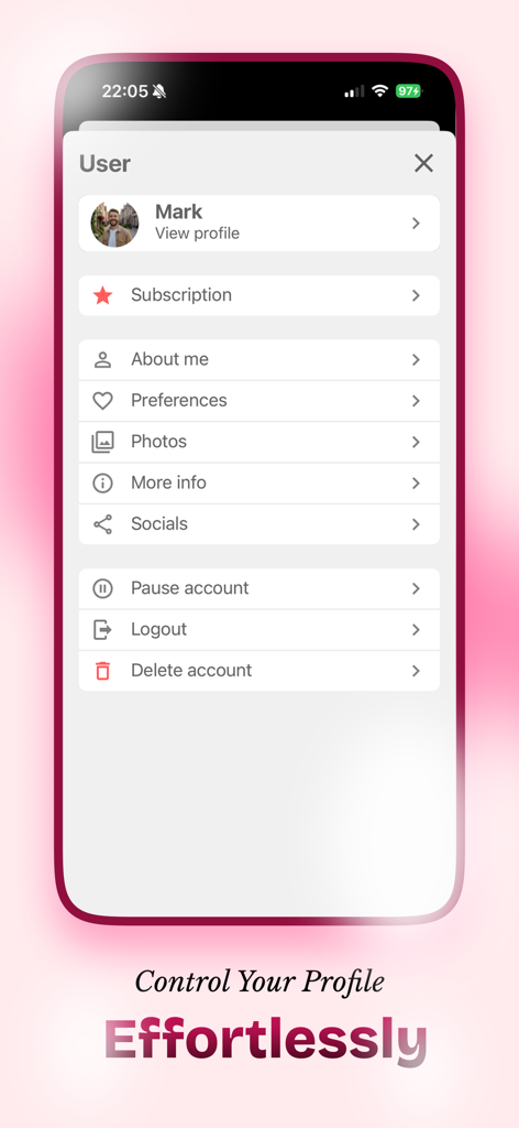 Faith - Christian singles - User settings screen in the Faith Christian singles app showing options to edit profile, photos, and preferences.