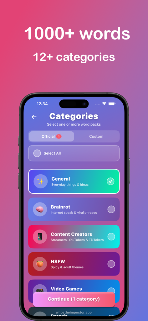 Écran de sélection des catégories dans l'application Qui est l'imposteur montrant divers packs de mots comme Général et Brainrot
