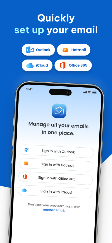 Email App for Hotmail - Una pantalla móvil que muestra las opciones de inicio de sesión para cuentas de correo de Hotmail Outlook Office 365 e iCloud