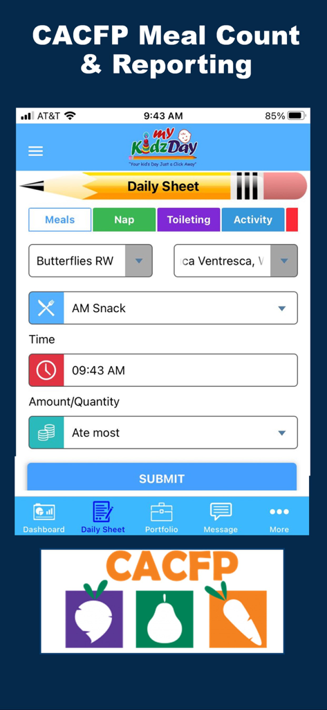 MyKidzDay Staff -Childcare App - MyKidzDay Staff app interface showing the CACFP meal count and reporting screen for daily childcare records