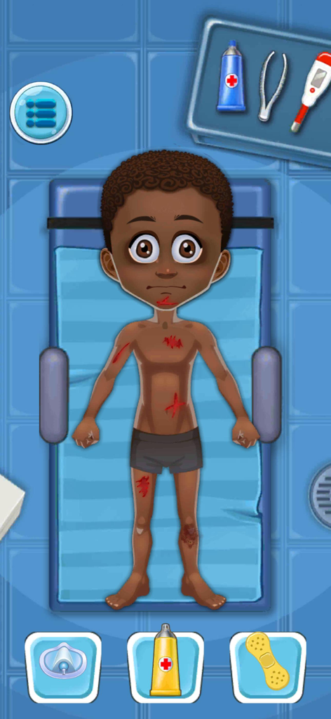 My Dream Hospital: My City - Cartoon boy with scrapes on a hospital bed in a doctor simulation game