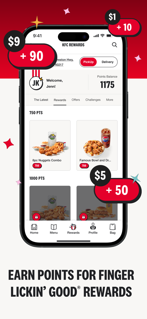 Smartphone screen of the KFC US app displaying rewards points and food redemption options.