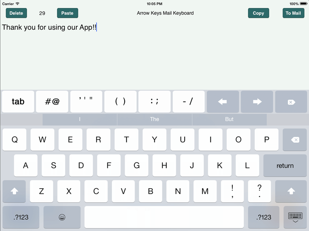 Arrow Keys Mail Keyboard - Interfaz de la aplicación de iPad que muestra un teclado personalizado con teclas de flecha direccionales y botones de copiar y pegar para la edición de correo electrónico