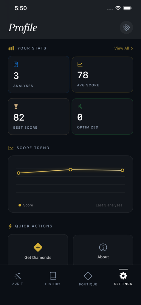 Tik Fast -Follower,Like,Fan,s - User profile dashboard in the Tik Fast app showing analysis stats and content score trends