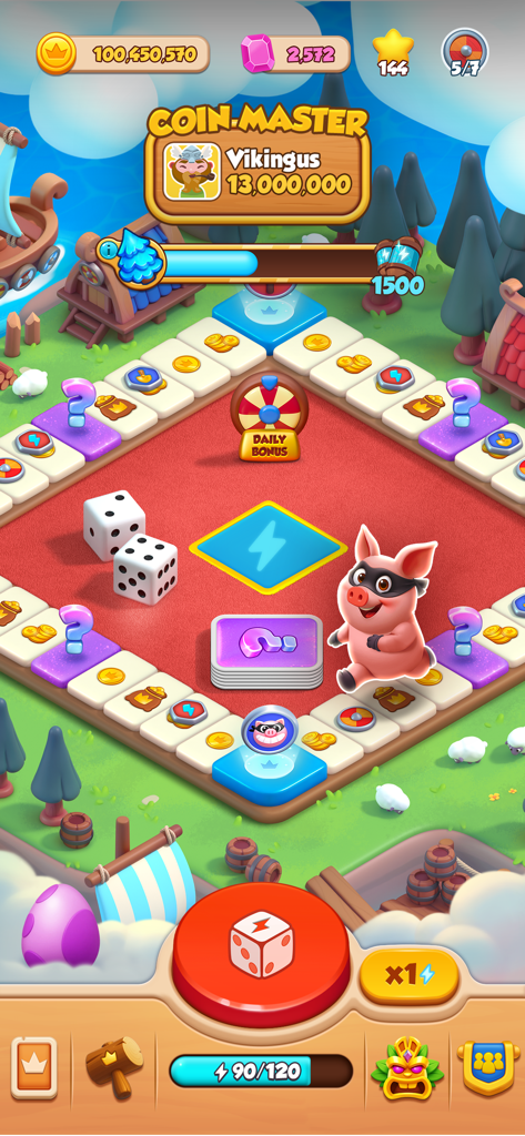 Main gameplay screen of Coin Master Board Adventure showing the interactive game board dice and the iconic pig character