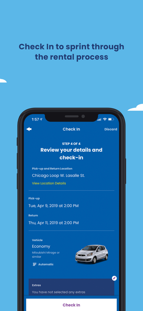 Alamo - Car Rental - Alamo car rental app screen showing reservation review and check-in options