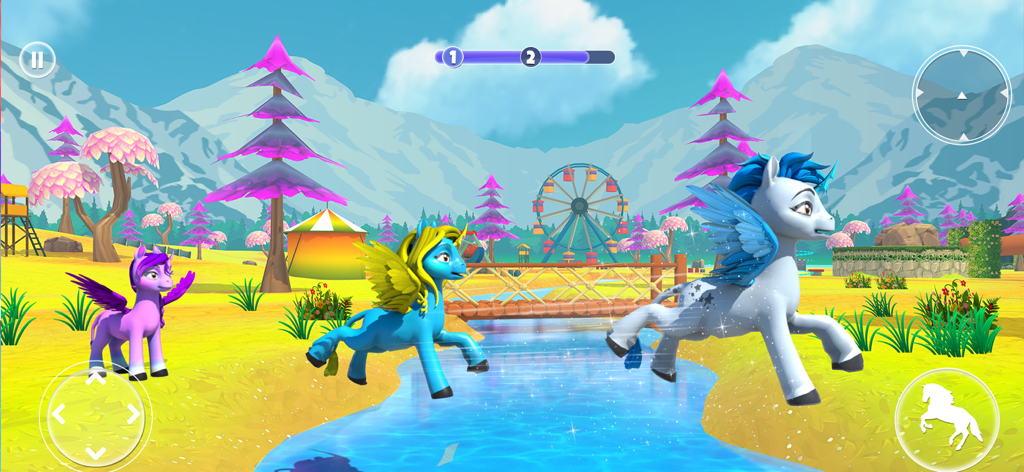 Little Unicorn Running Game 3D - Three colorful winged unicorns running through a magical landscape with pink trees and a Ferris wheel