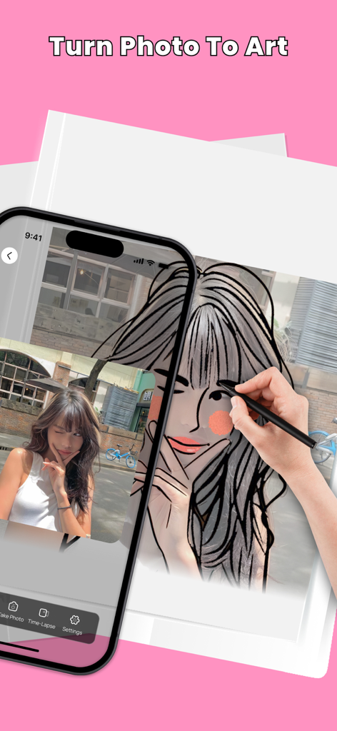 Draw Easy: Learn How To Draw - AR drawing app interface showing a person tracing a photo from their phone onto paper using a stylus