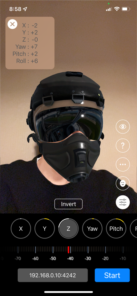 Smart Head Track for OpenTrack - Smart Head Track App-Oberfläche, die einen AR-Pilotenhelm und Bewegungsverfolgungsdaten zeigt