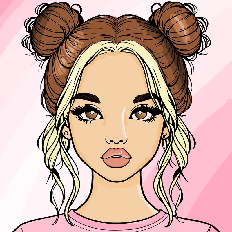 realistic girl with two buns in hair and lips