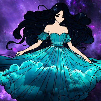 realistic woman wearing a dress that's flowing in the wind