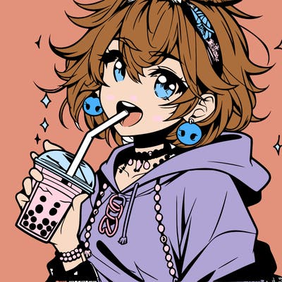 hot baddie anime girl drinking boba and biting the straw