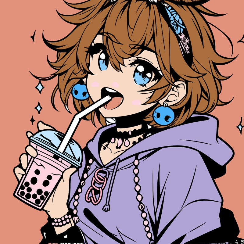 hot baddie anime girl drinking boba and biting the straw