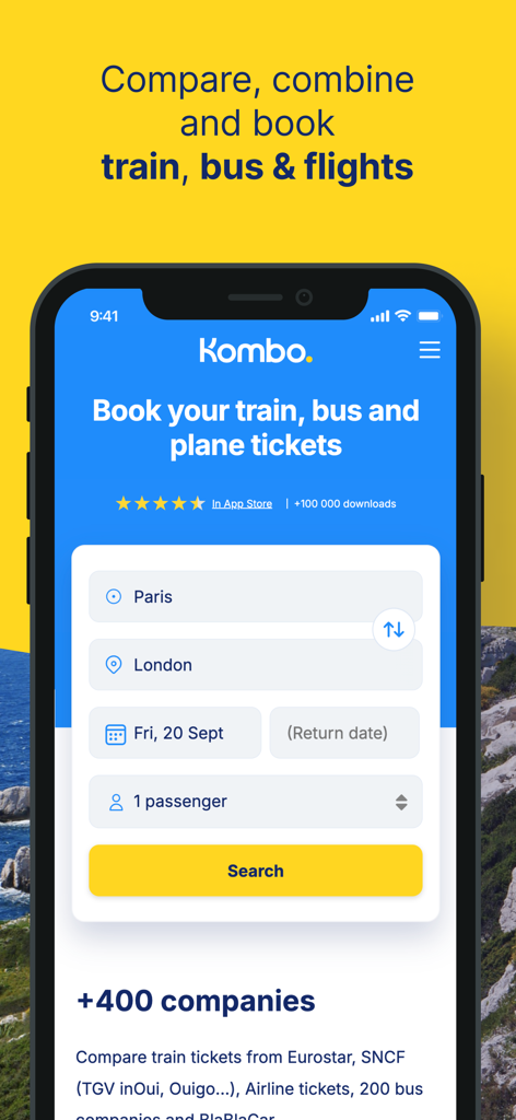 Kombo: Train, Bus & Flights - Kombo app search interface to book train bus and plane tickets