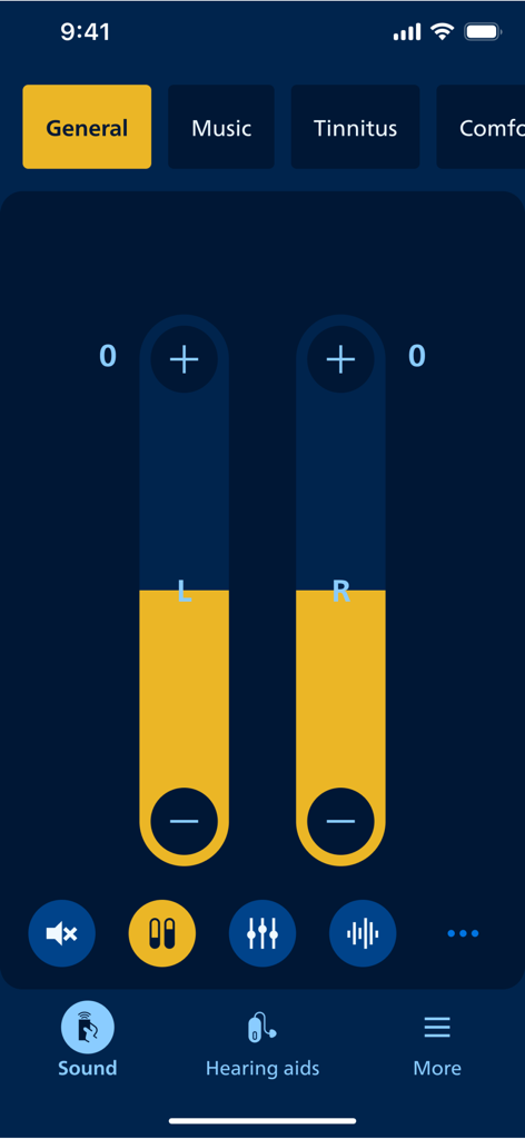 Pantalla de ajuste de volumen en la aplicación Philips HearLink 2