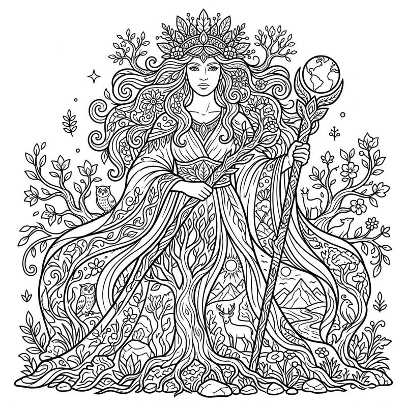 Discover the awe-inspiring beauty of a Primordial Goddess, an ancient deity embodying the raw power of nature and creation. This intricate coloring page invites you to delve into a mythical world, bringing a powerful Earth Mother to life with your unique artistic touch.