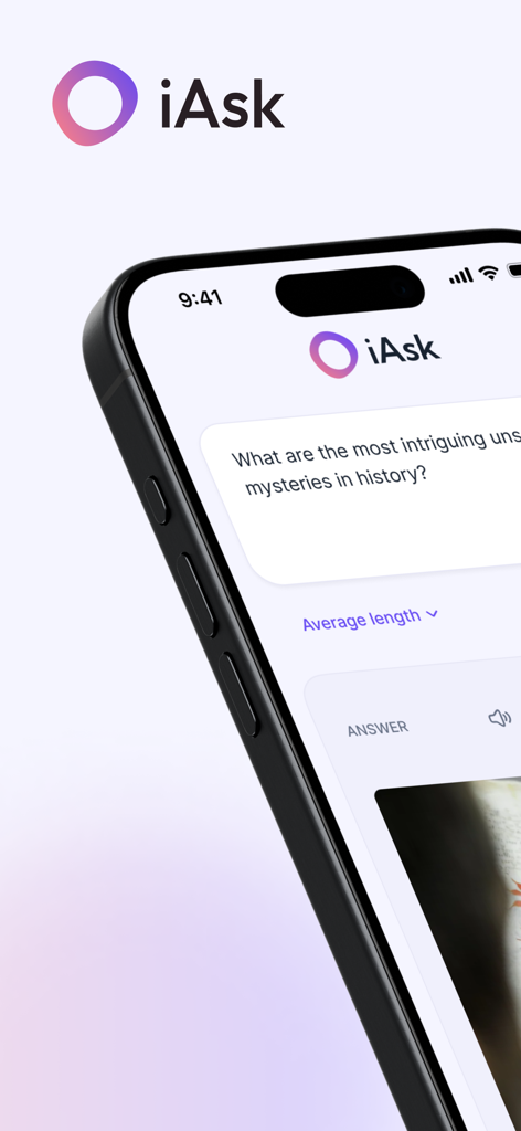 iAsk Ai - Ask AI (Unlimited) - L'interface de l'application mobile iAsk AI sur un iPhone montrant une requête de recherche sur des mystères historiques.
