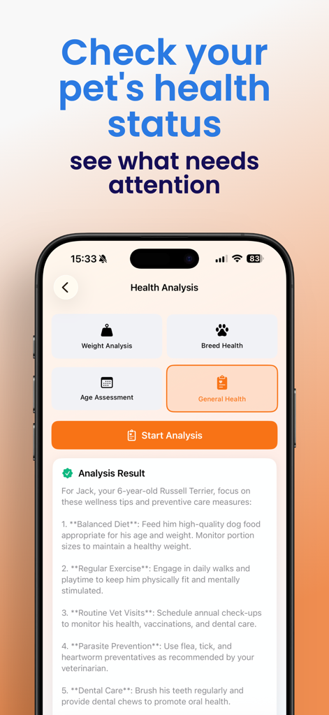 Pet Manager: AI Pet Care - Smartphone screen displaying the Pet Manager app's health analysis feature and personalized care recommendations for a pet.