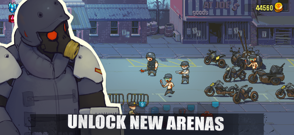 Dead Ahead: Zombie Warfare - 生存者、バイク、そして「新しいアリーナをアンロック」というテキストが表示されたDead Ahead Zombie Warfareのピクセルアート戦闘シーン