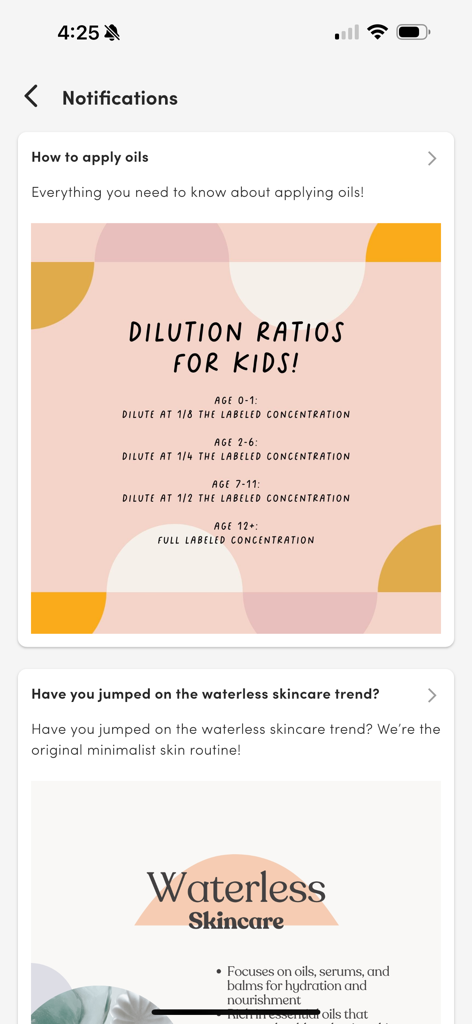 Life Steps - Life Steps app notifications screen displaying guides for essential oil dilution ratios for kids and waterless skincare trends.