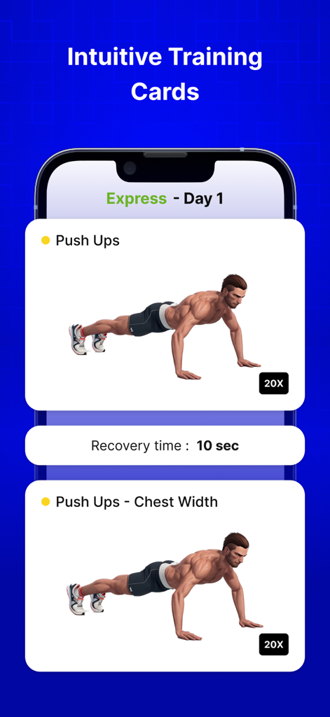 Interface of the 30 day chest challenge app showing push up exercise cards and animations