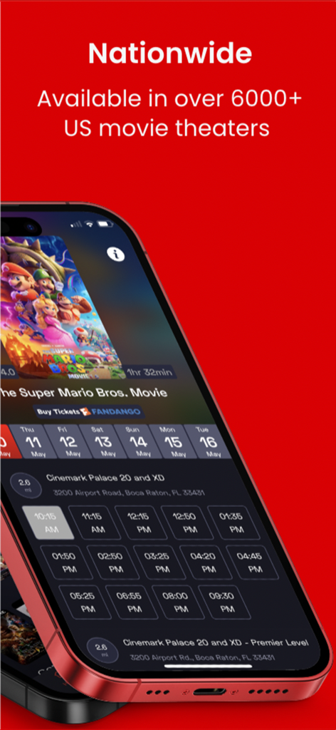 TheaterEars - TheaterEars app interface showing showtimes for The Super Mario Bros. Movie in a US movie theater.