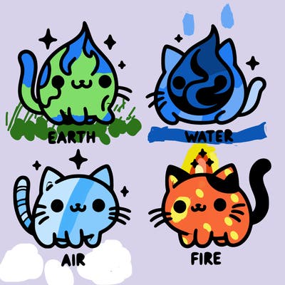 4 cats that represent the different elements, earth, water, air, and fire