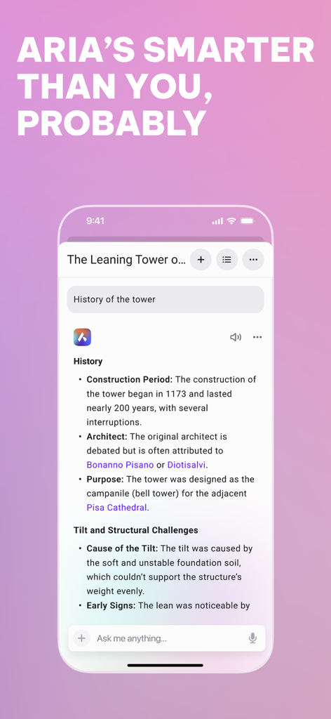 Der Opera-Browser Aria KI-Assistent liefert eine detaillierte Informationszusammenfassung auf einem mobilen Bildschirm
