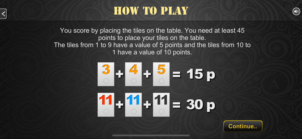 Rummy 45 - Remi Etalat - How to play screen explaining the 45 point rule and tile values in Remi Etalat