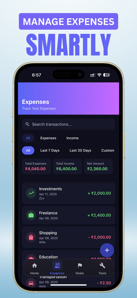 Interface do aplicativo MoneyMap mostrando um detalhamento do total de despesas, renda e transações recentes como trabalho freelancer e compras.