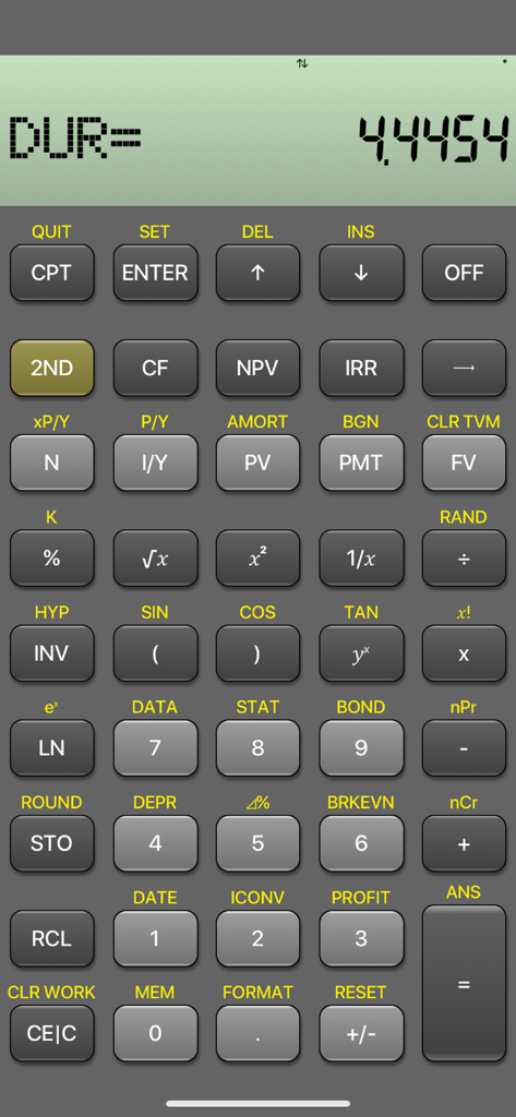 BA Financial Calculator (PRO) - Interface of the BA Financial Calculator PRO app showing a duration calculation on a TI BAII Plus emulator layout