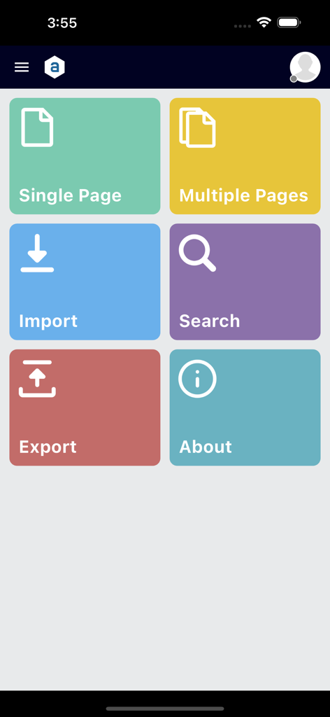 Antelope AI Capture - Antelope AI Capture home screen showing options for single page and multiple page document scanning