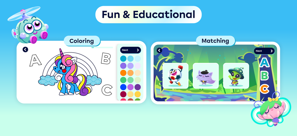 Moshi Play: Games for Kids - Moshi Playアプリのインターフェース。子供向けの教育用ぬりえとキャラクター合わせゲームが表示されています