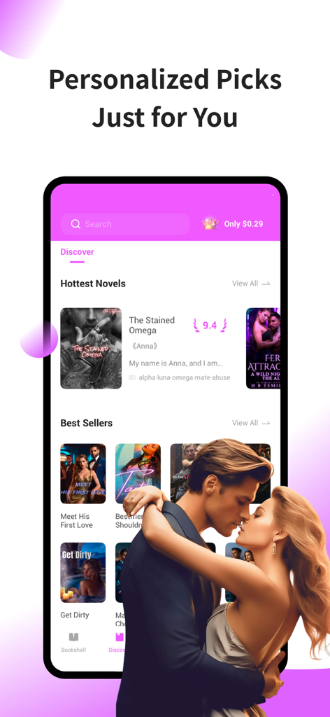NovelTrove - NovelTrove app interface displaying personalized romance novel recommendations and hottest stories
