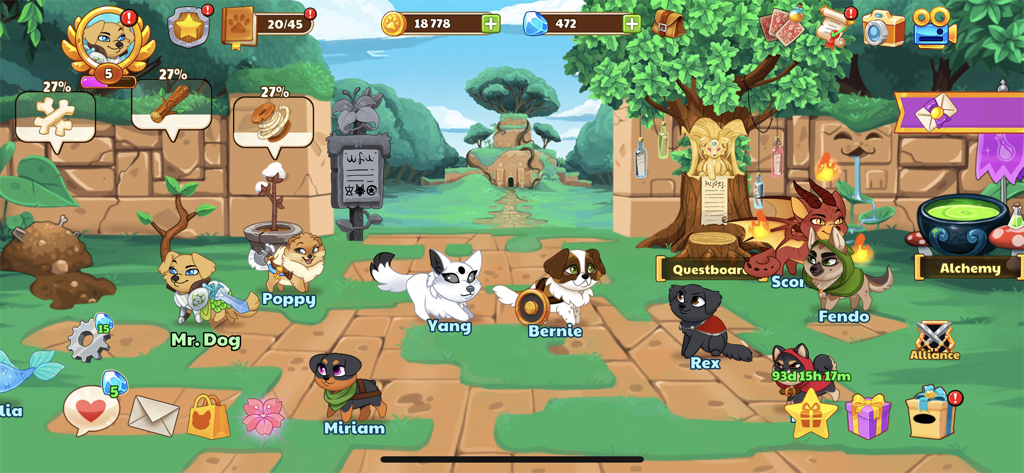 Dungeon Dogs - Idle Hero RPG - A screenshot of Dungeon Dogs showing several cute cartoon dog heroes gathered in a fantasy forest camp