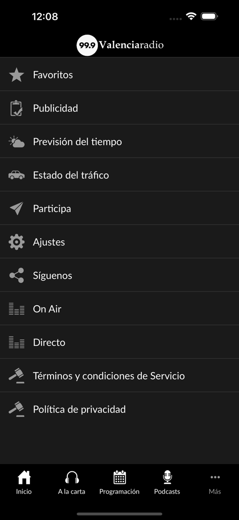 Interfaz de la app ValenciaRadio 99.9 mostrando el menú más con configuraciones, clima, tráfico y opciones de radio en vivo