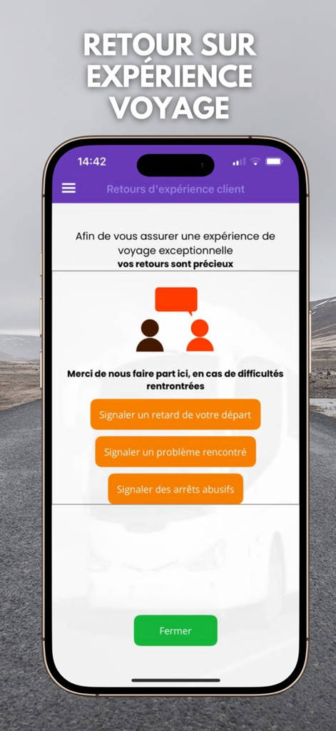 UTB Ticket - UTB Ticket app interface showing a customer feedback screen with options to report bus delays and travel issues