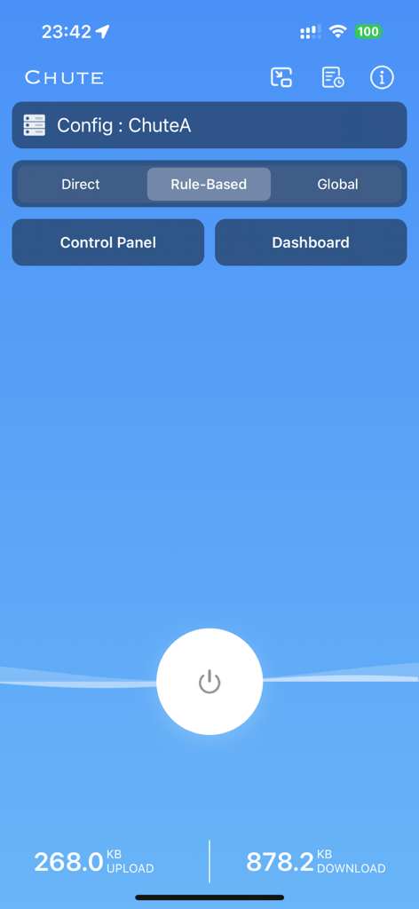 Chute - Network Toolbox - Main interface of Chute Network Toolbox showing rule based routing mode and upload download traffic data