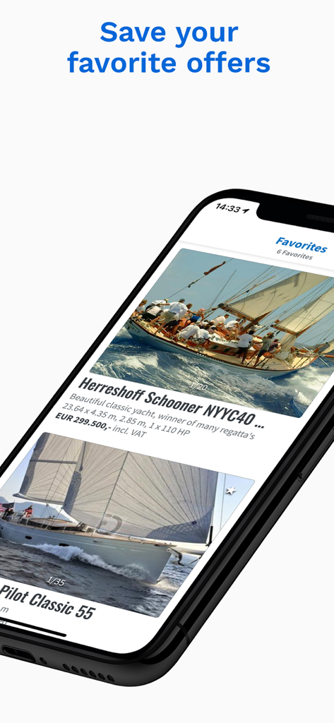 Schermata dell'app Boat24 che mostra un elenco di barche a vela e yacht preferiti salvati in vendita