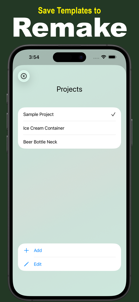 Tapered Labels - A mobile screen from the Tapered Labels app showing a list of saved project templates for various container types