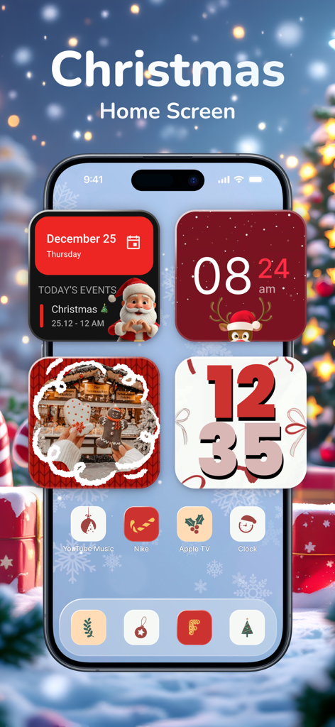 Thematic - Top Color Widgets - iPhone home screen featuring a festive Christmas theme with red and white widgets and custom holiday icons