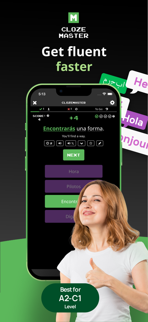 Clozemaster: Expand Vocabulary - Clozemaster app interface showing a Spanish fill-in-the-blank vocabulary exercise for intermediate learners.