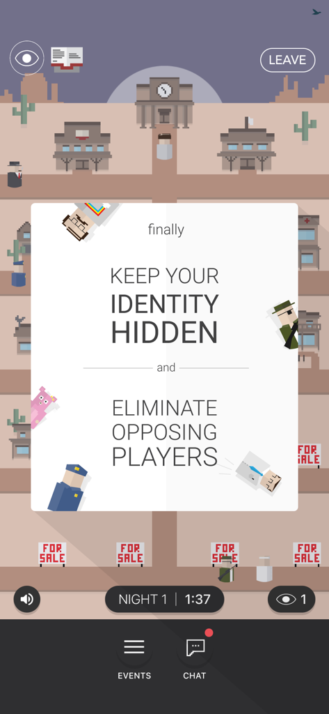 Mafia Mystery - Screenshot of Mafia Mystery game showing the objective to keep identity hidden and eliminate players