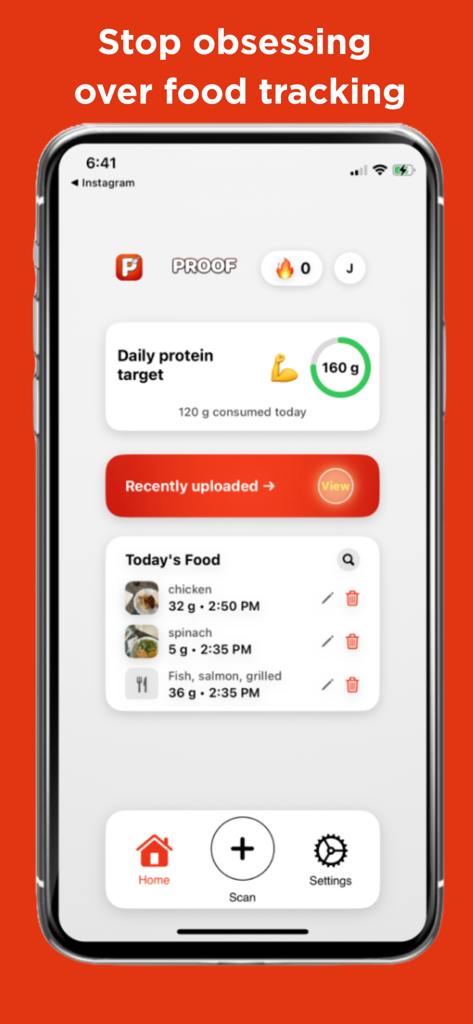 Proof - Protein Tracker - Proof app home screen showing a daily protein target of 160g and a log of recent food entries including chicken and salmon