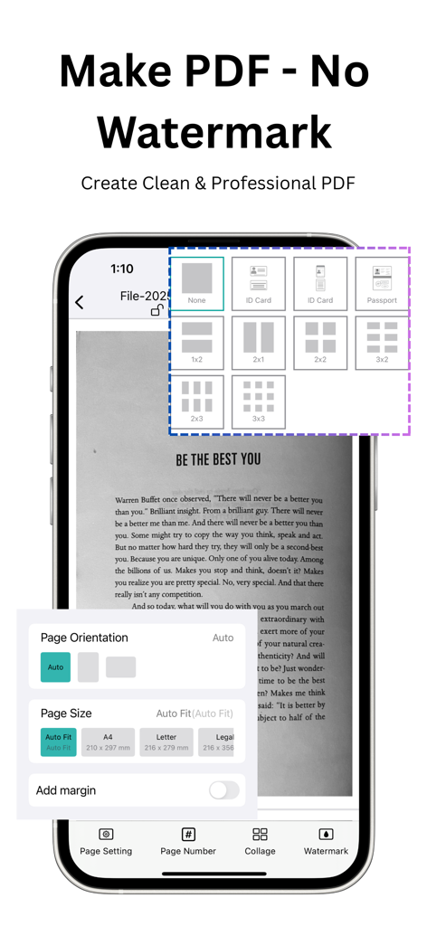 PDF Maker & Converter - PDFAPP - A mobile interface for PDFAPP showing page settings and document layout options for clean professional PDFs