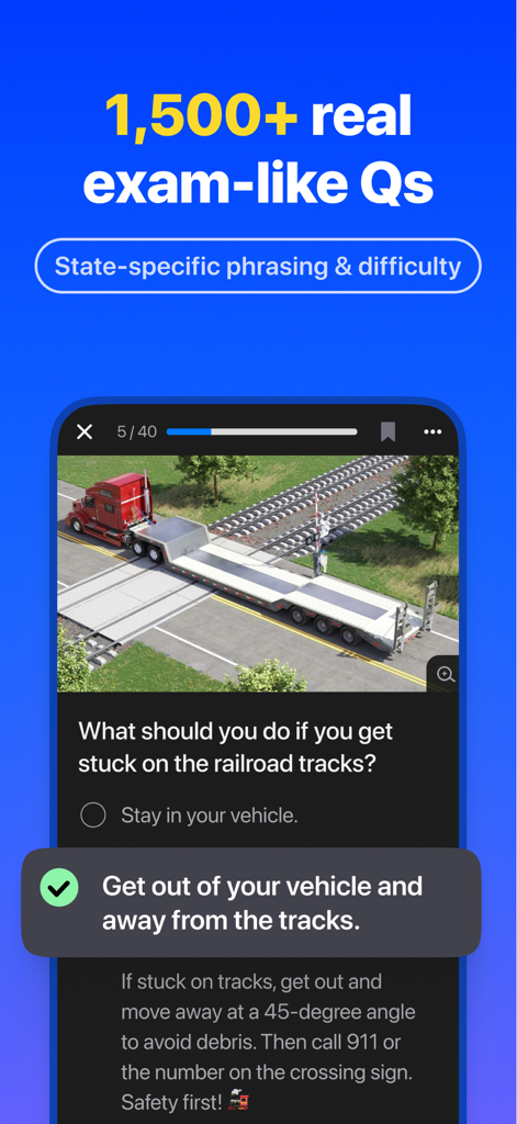 CDL Prep Practice Test Genie - CDL Prep Genie app showing a practice exam question about railroad track safety with a correct answer explanation.