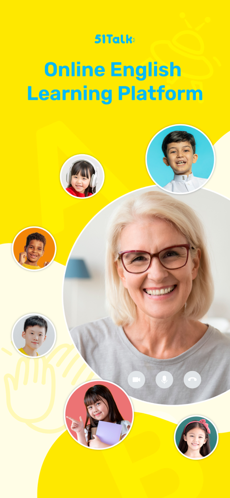 51Talk - 51Talkアプリのインターフェースで、笑顔のプロの教師と、オンラインの1対1英語レッスンに参加する多様な生徒が表示されています。